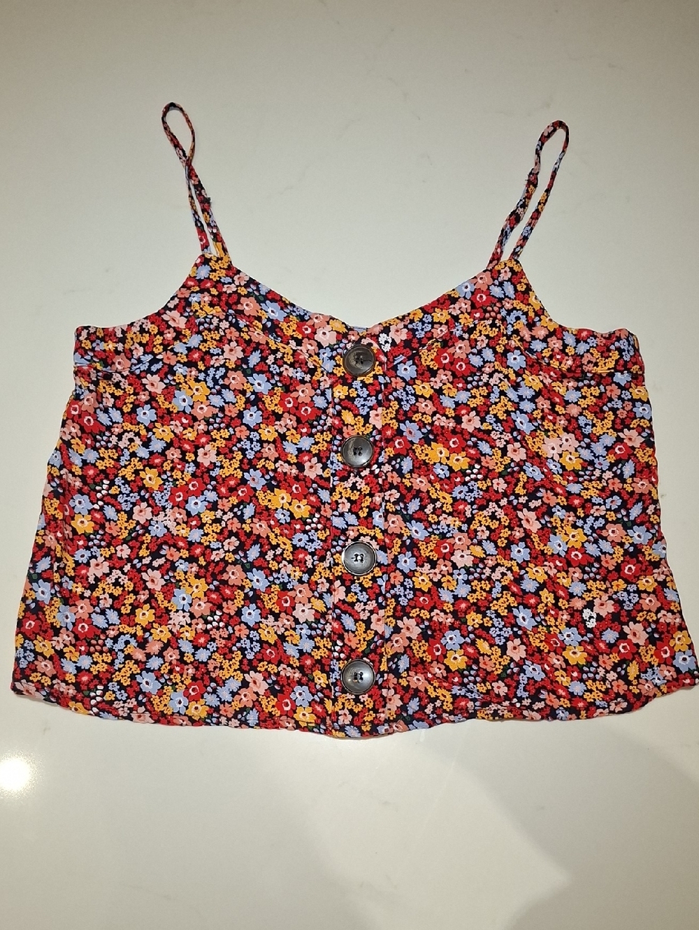 Garage Red, Blue & Black Flowy Floral Print Button-front Rayon Tank Top (Size S)